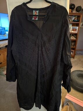 Johnny Was Black Top with Colorful Embroidered Label